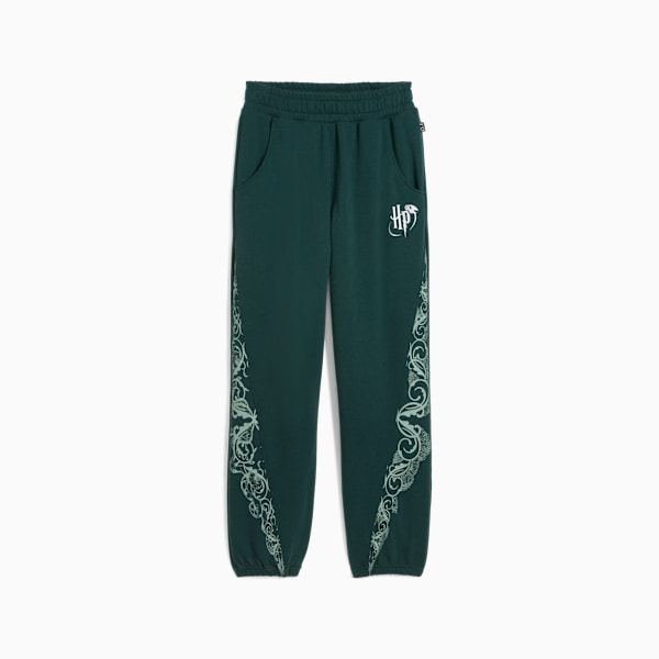 Green PUMA sweatpants for adults with floral side details and logo.