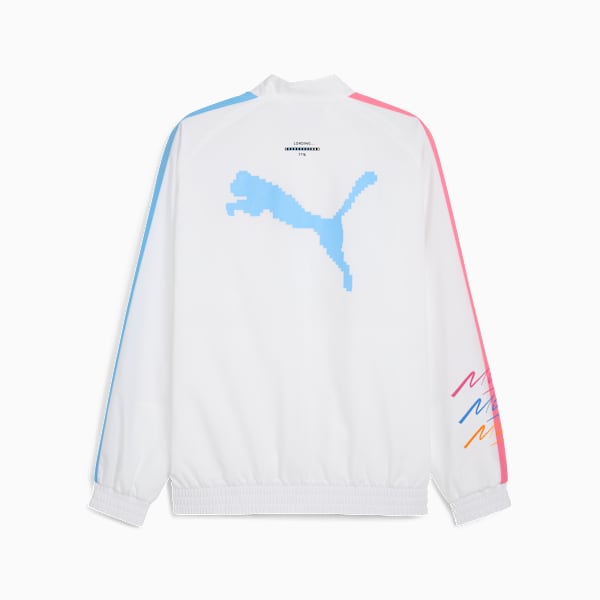 White PUMA jacket with blue pixel logo and pink/blue arm stripes.