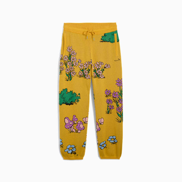 Gold PUMA knitted joggers with floral and mushroom pattern for adults.