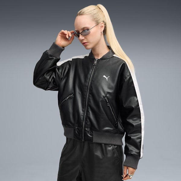 Chamarra bomber de cuero sintético T7 para mujer, PUMA Black, extralarge