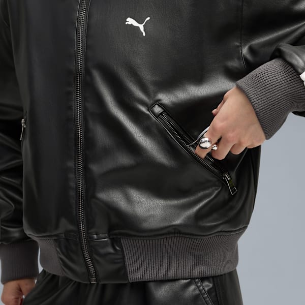 Chamarra bomber de cuero sintético T7 para mujer, PUMA Black, extralarge