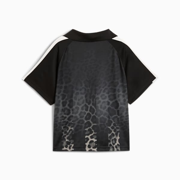 Black PUMA polo shirt features a subtle leopard print and white stripes on the sleeves.