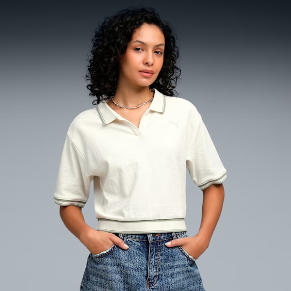 Wardrobe Essentials Women's Boxy Fit Crop Polo, Alpine Snow, extralarge-IND