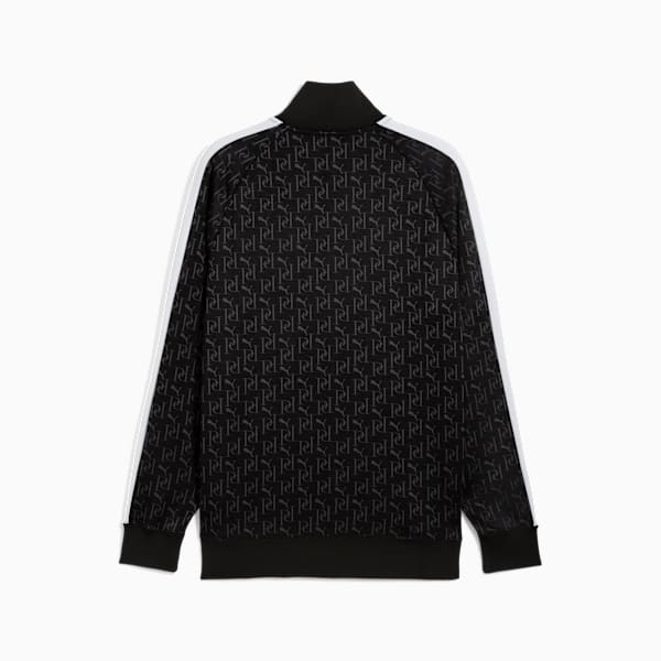 Black PUMA track jacket for adults with logo pattern and white stripes on the sleeves.