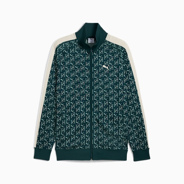 Green PUMA adult track jacket with an all-over pattern and cream stripe detail.