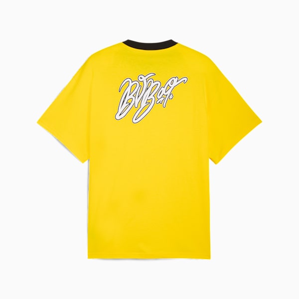 Yellow PUMA t-shirt for adults with a black collar and white graphic on the back.