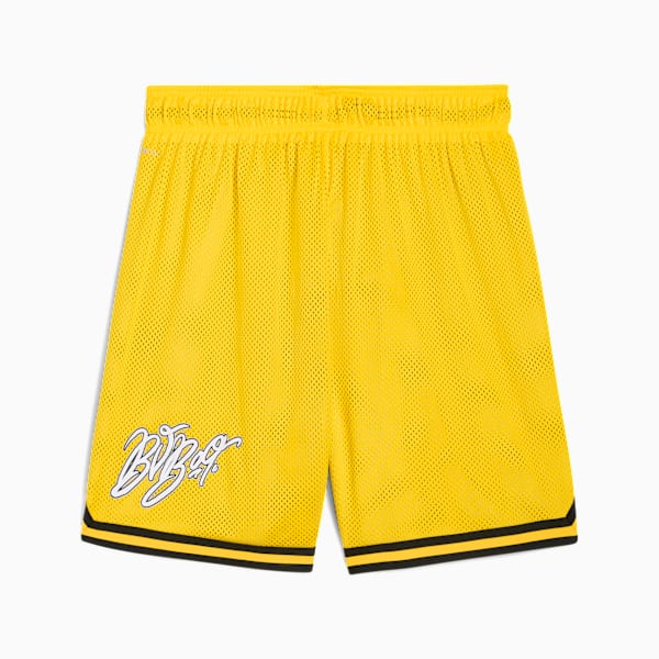 Yellow PUMA men's shorts with a mesh design, logo graphic, and black striped hem.