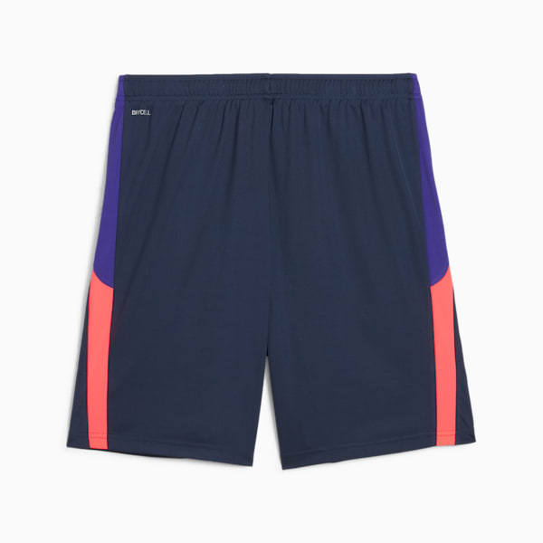 Navy PUMA training shorts, for adults, with purple and coral side stripes.