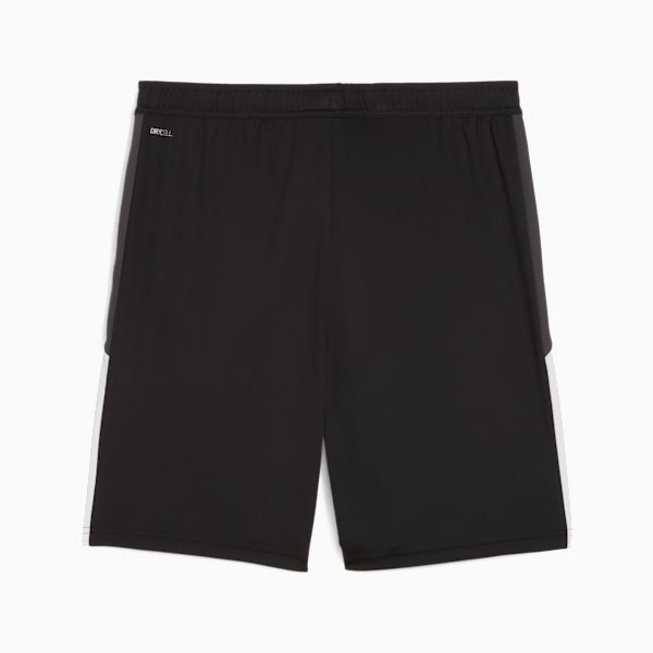 Black PUMA training shorts for adults with white and grey side stripes.
