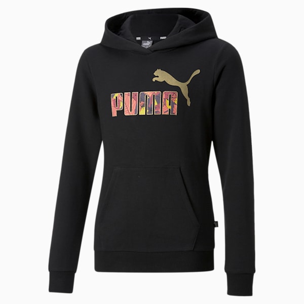 Essentials+ Bloom Logo Hoodie Youth Regular Fit, Puma Black-Gold, extralarge-IND
