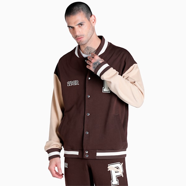 PUMAx1DER Varsity Men's Jacket, Dark Chocolate, extralarge-IND