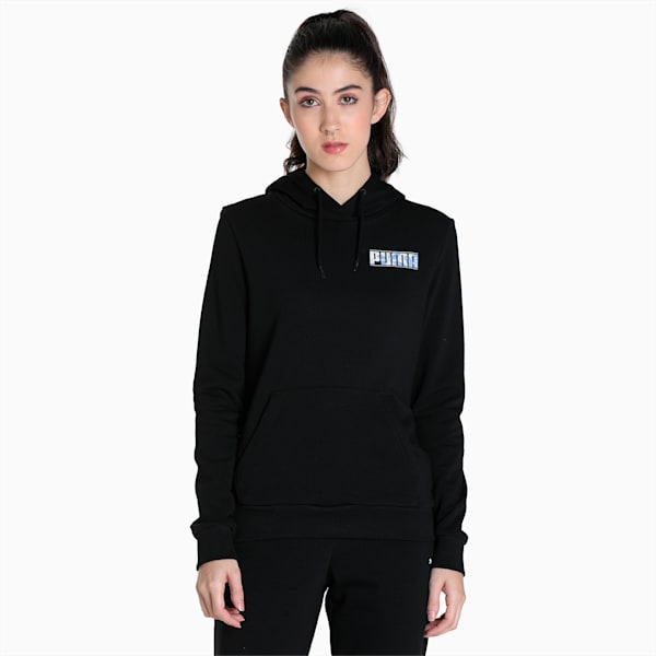 Floral Graphic Women's Regular Fit Hoodie, Puma Black, extralarge-IND