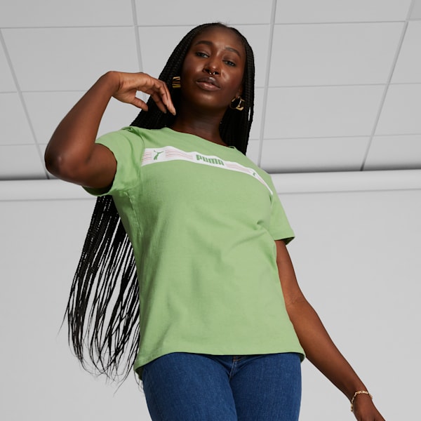 Camiseta de mujer PUMA Line Up Script, Dusty Green, extralarge