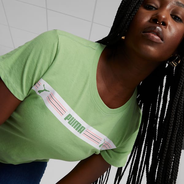 Camiseta de mujer PUMA Line Up Script, Dusty Green, extralarge