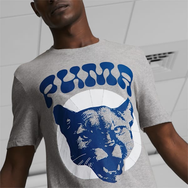 white and blue graphic tee men