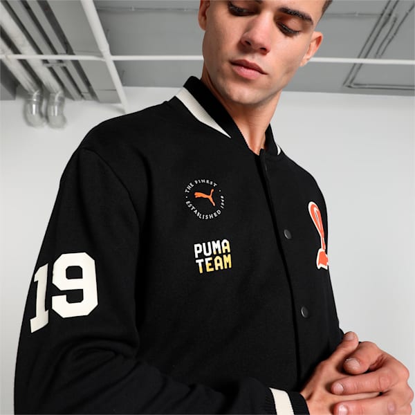 PUMA x HARRDY SANDHU Men's Relaxed Fit Varsity Jacket, PUMA Black, extralarge-IND