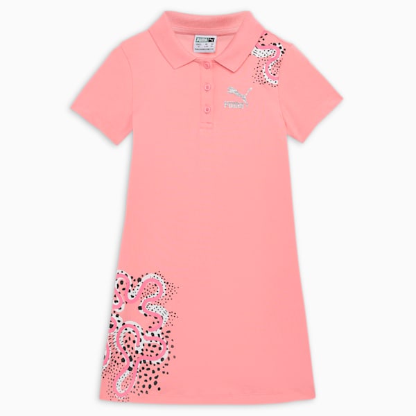 Flower Graphic Kid's Polo Dress, Peach Smoothie, extralarge-IND