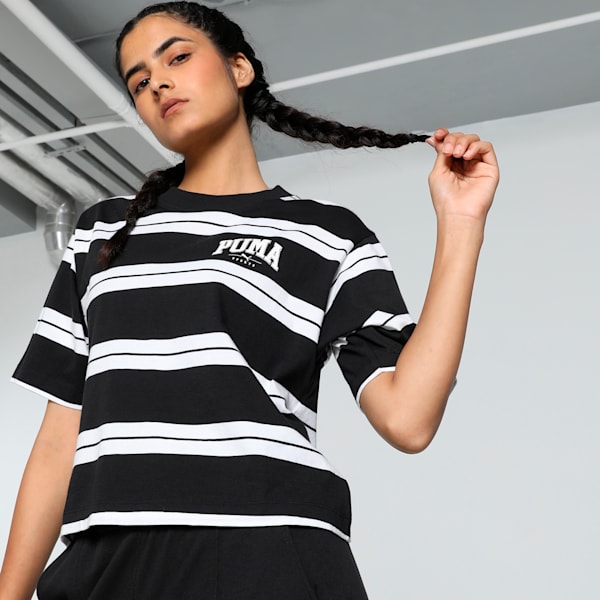 SQUAD Striped Women's Relaxed Fit Tee, PUMA Black, extralarge-IND