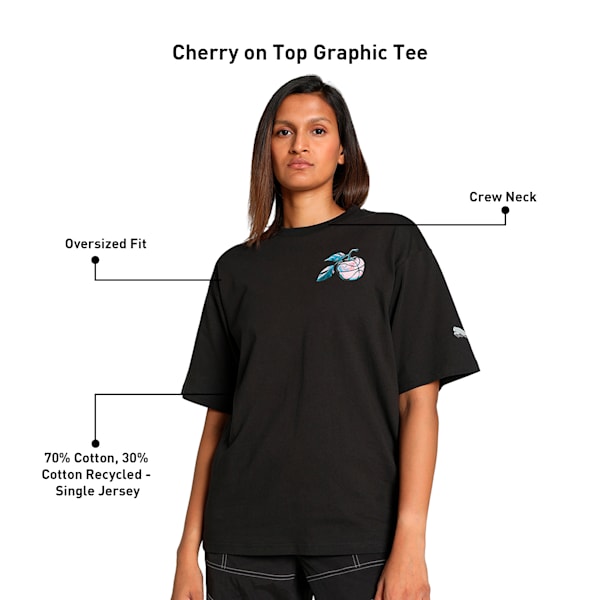 Cherry on Top Graphic Women's Oversized Fit Basketball Tee, PUMA Black, extralarge-IND