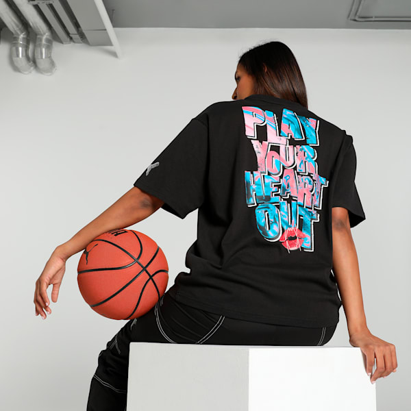 Cherry on Top Graphic Women's Oversized Fit Basketball Tee, PUMA Black, extralarge-IND