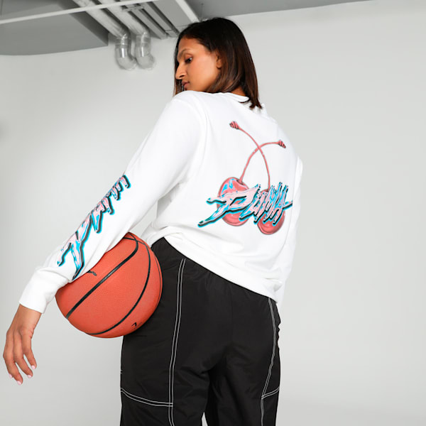 Cherry on Top Long Sleeve Women's Oversized Fit Basketball Tee, PUMA White, extralarge-IND