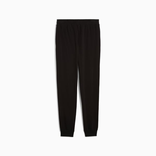 Black PUMA woven trousers for adults with elasticated waist and cuffs.