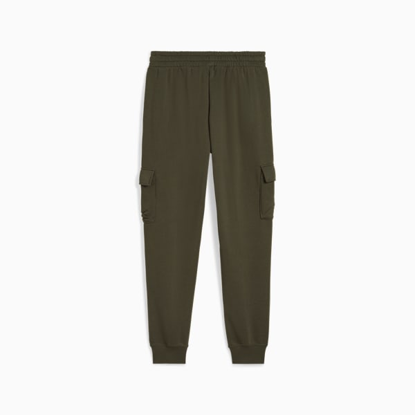 Olive PUMA trousers for adults, featuring side cargo pockets and a relaxed fit.