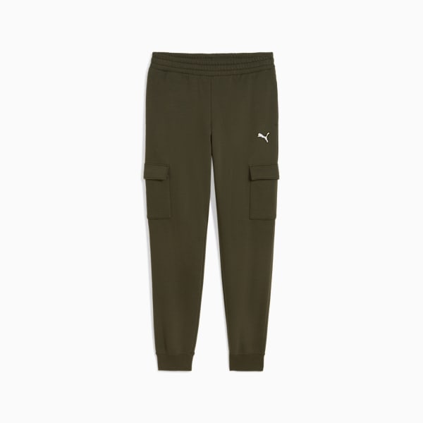 Olive PUMA cargo trousers for adults with side pockets and a white logo.