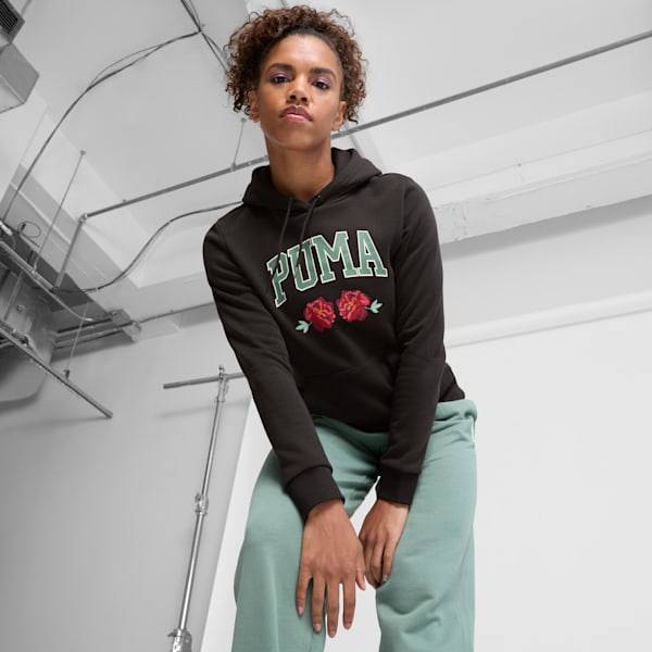 Sudadera con capucha con falso bordado floral para mujer, PUMA Black, extralarge