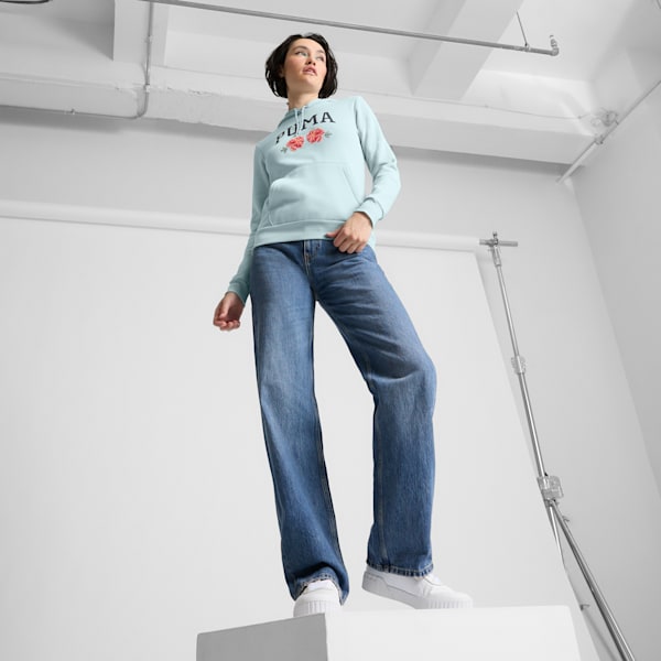 Sudadera con capucha con falso bordado floral para mujer, Frosted Dew, extralarge