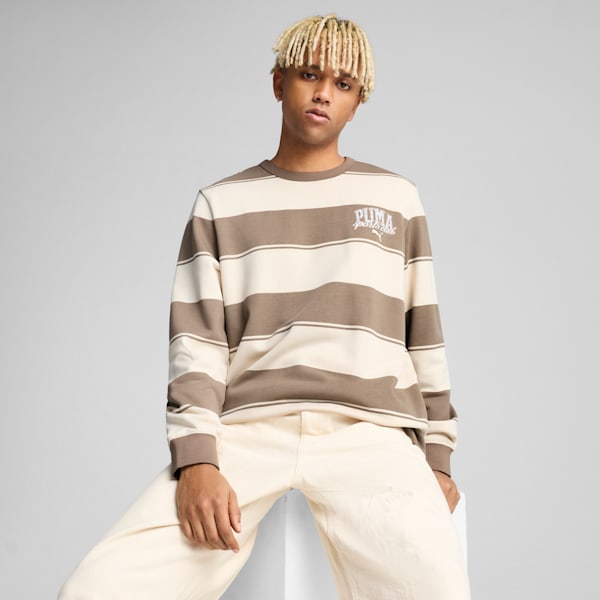 Sudadera para hombre con cuello redondo a rayas PUMA Class, Totally Taupe, extralarge