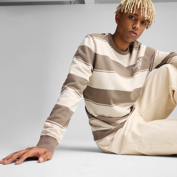 Sudadera para hombre con cuello redondo a rayas PUMA Class, Totally Taupe, extralarge