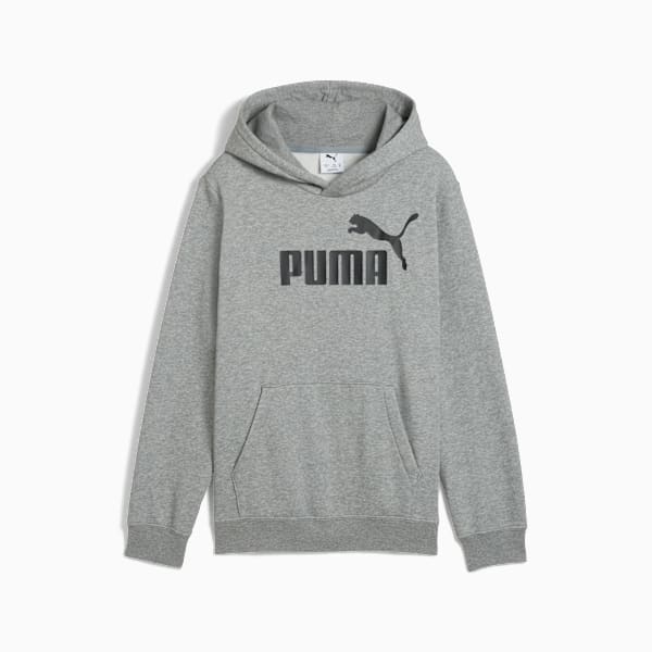 Grey PUMA hooded sweatshirt for youth with black logo on the chest.