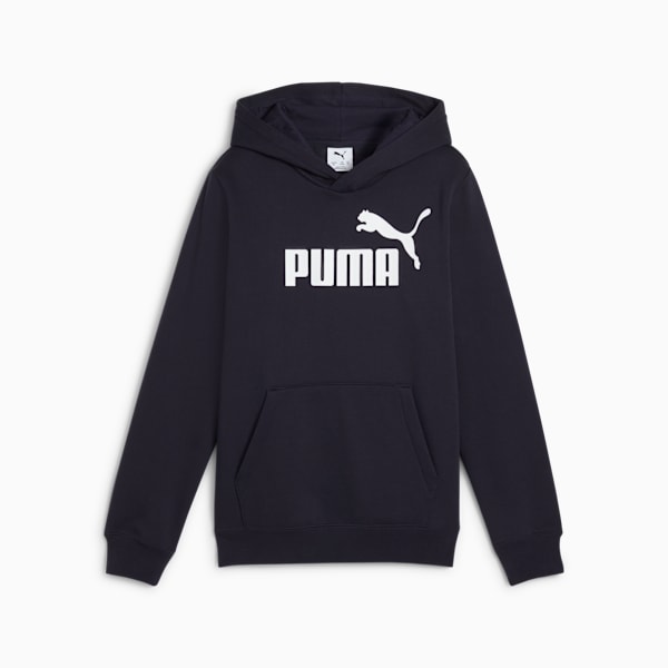 Navy PUMA hooded sweatshirt for youth, featuring a white logo on the chest and a front pocket.