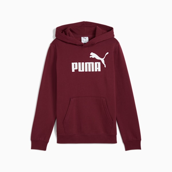 Burgundy PUMA hoodie for youth, featuring a white logo on the chest and a front pocket.