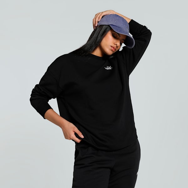 Small No. 1 Logo Women's Relaxed Fit Crew-Neck Sweater, PUMA Black, extralarge-IND