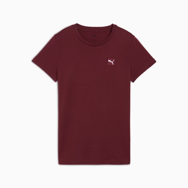 Maroon PUMA T-shirt for youth featuring a crew neck and logo patch on the chest.