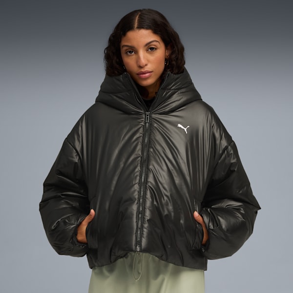 Wardrobe Essentials Shiny Hooded Padded Jacket Women, PUMA Black, extralarge-GBR
