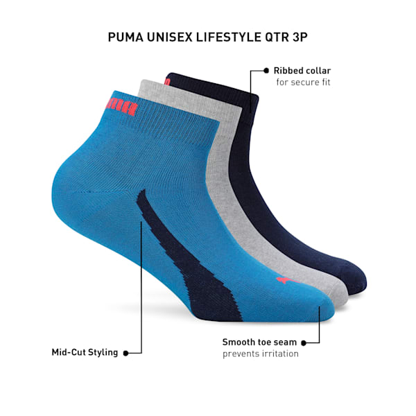 Lifestyle Quarter Socks Pack of 3, Blue Dreams-Medium Gray Heather-PUMA Navy, extralarge-IND
