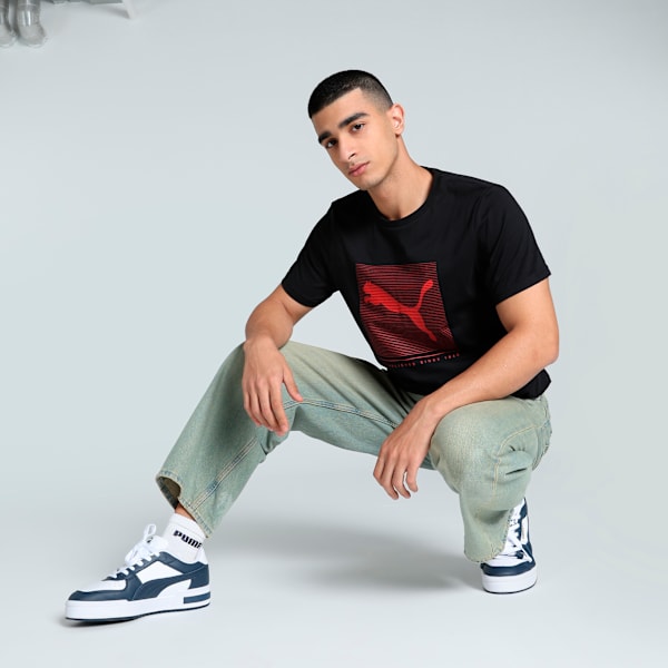 Striped Logo Graphic Men's Slim Fit Tee, PUMA Black, extralarge-IND