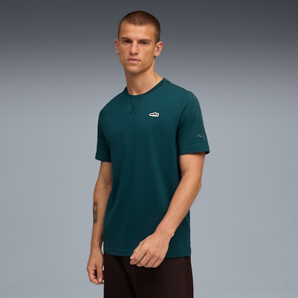 WARDROBE ESSENTIALS Suede Logo Men's Tee, Green Terrain, extralarge