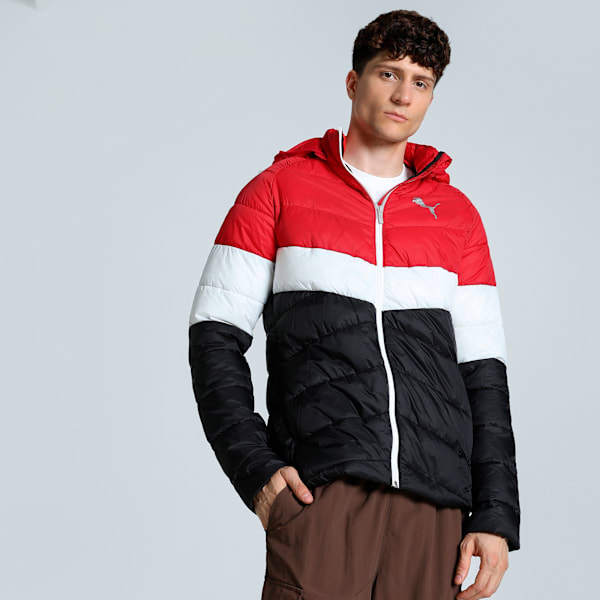 Men's Colorblock Slim Fit Padded Jacket, PUMA Black-For All Time Red, extralarge-IND