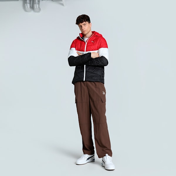 Men's Colorblock Slim Fit Padded Jacket, PUMA Black-For All Time Red, extralarge-IND