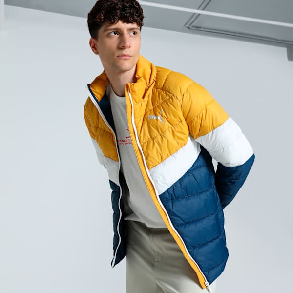 Men's Colorblock Slim Fit Padded Jacket, Intense Blue-Mineral Yellow, extralarge-IND