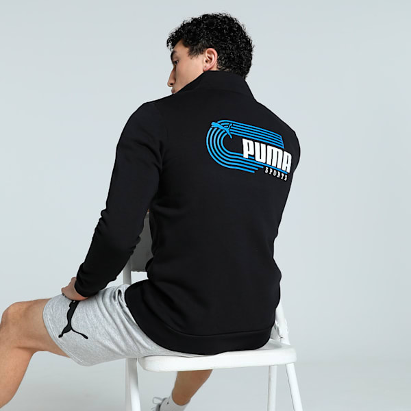 Men's Graphic Full Zip Slim Fit Sweat Jacket, PUMA Black, extralarge-IND