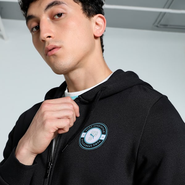 Men's Graphic Full Zip Slim Fit Hooded Jacket, PUMA Black, extralarge-IND
