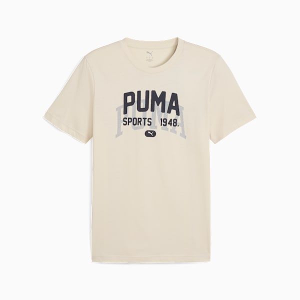 Beige PUMA T-shirt for adults with a 'PUMA SPORTS 1948' graphic on the front.