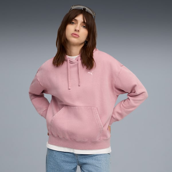 Sudadera con capucha desteñida ESS ELEVATED para mujer, Poised Pink, extralarge