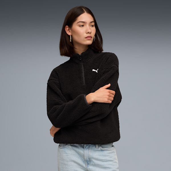 PUMA Elevated Essentials Sherpa Women's Quarter-Zip Pullover, PUMA Black, extralarge