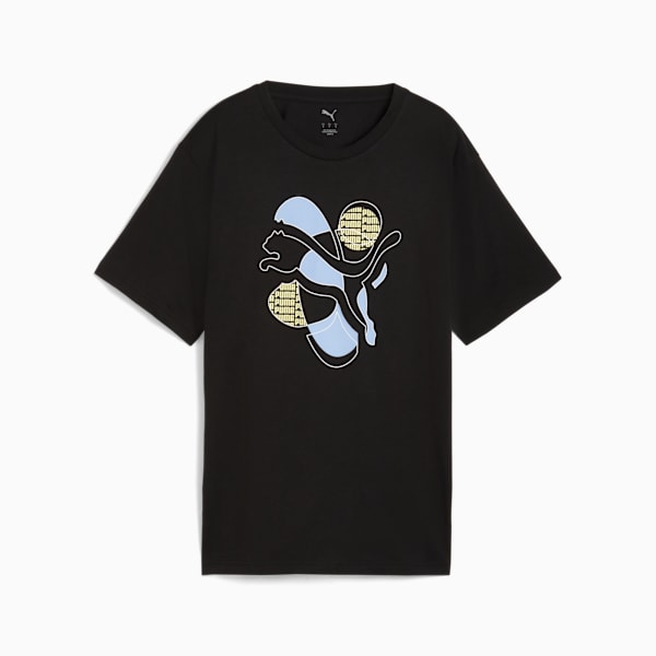 Black PUMA T-shirt for adults with a colourful logo graphic on the front.